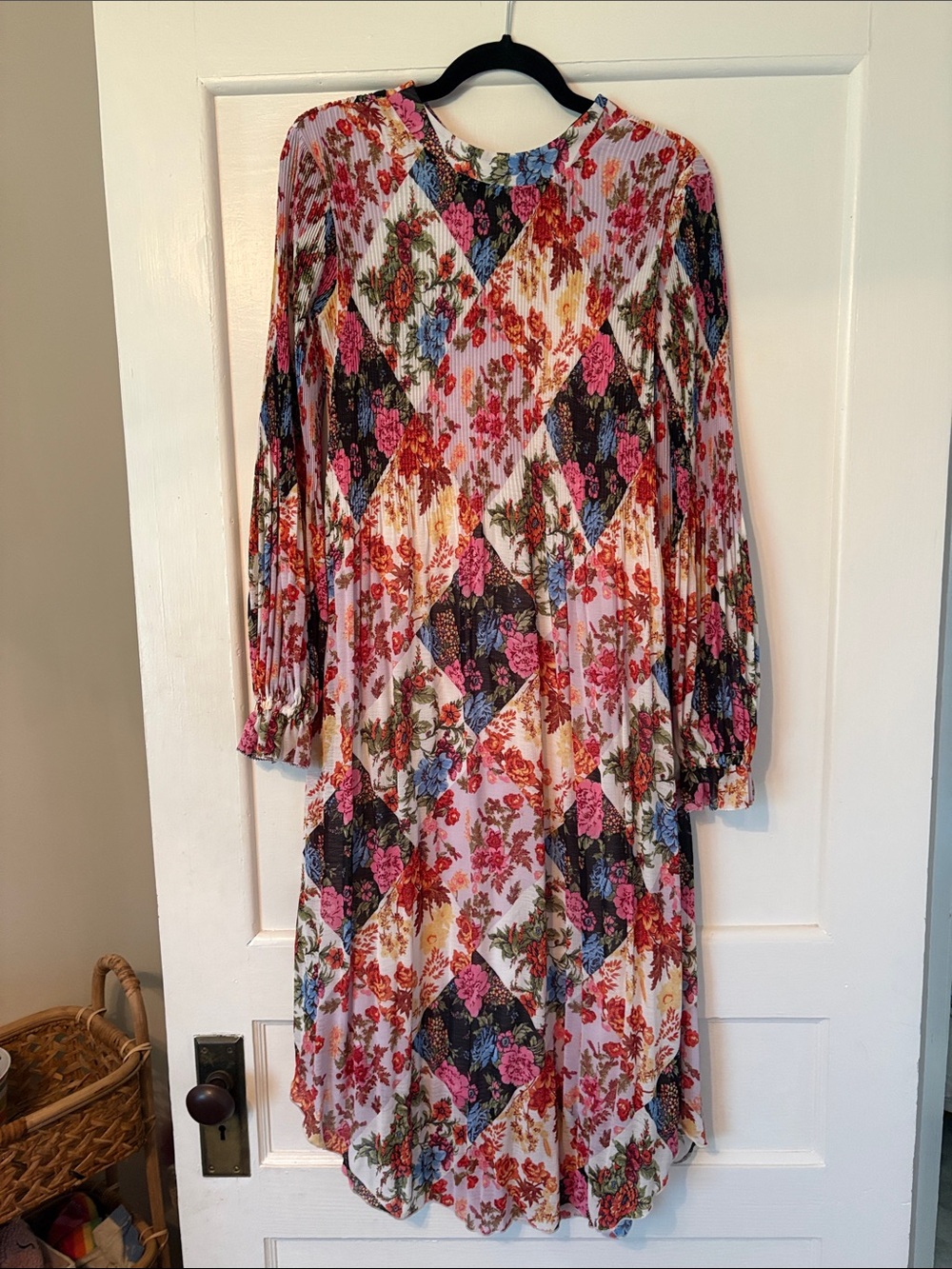 Anthropologie Floral Patchwork Pleated Long-Sleeve Dress - Pink, Black, Green